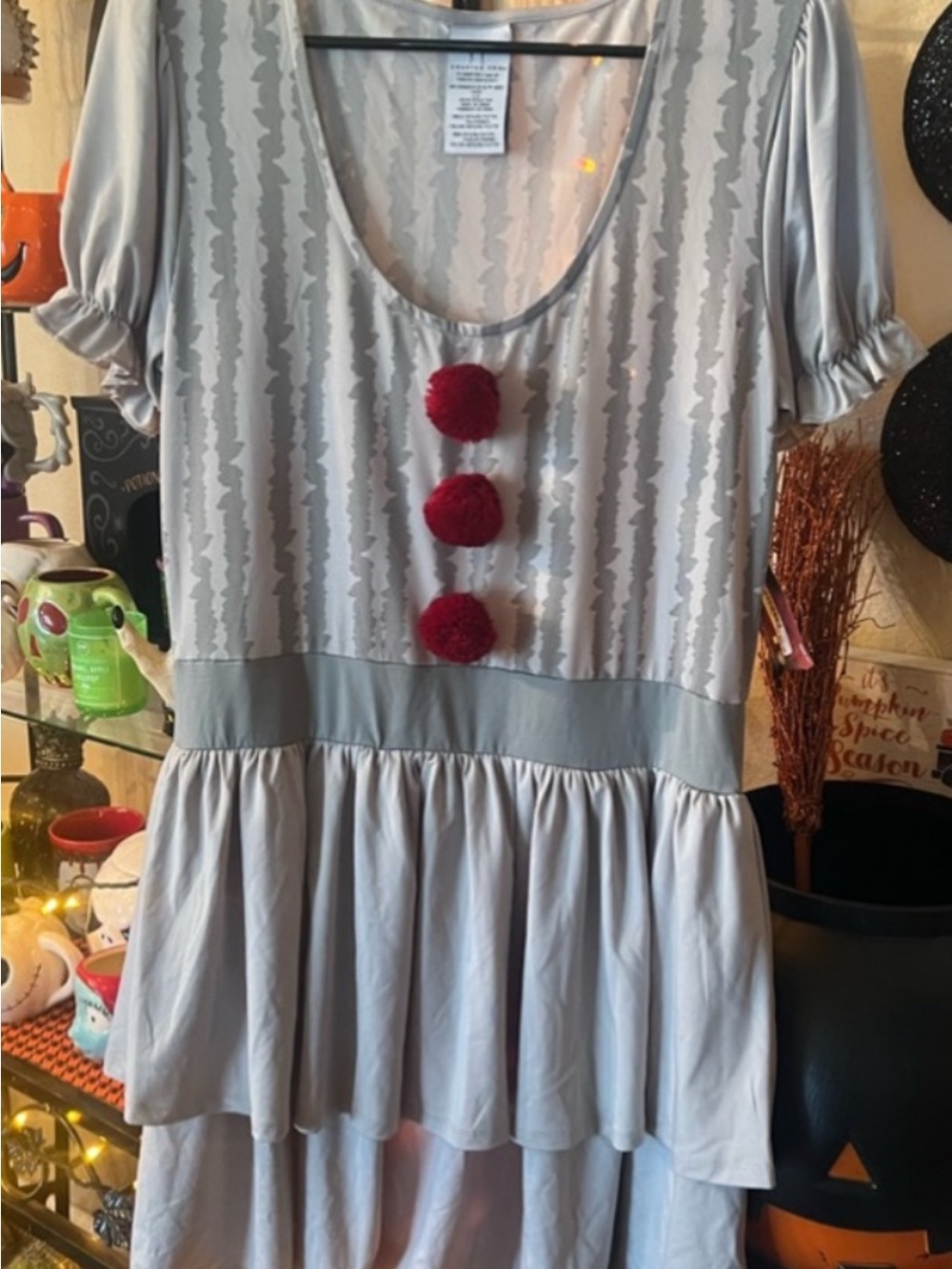 Women's Light Gray pennywise Tiered Short Sleeve Dress with Red Pom Accents cost
